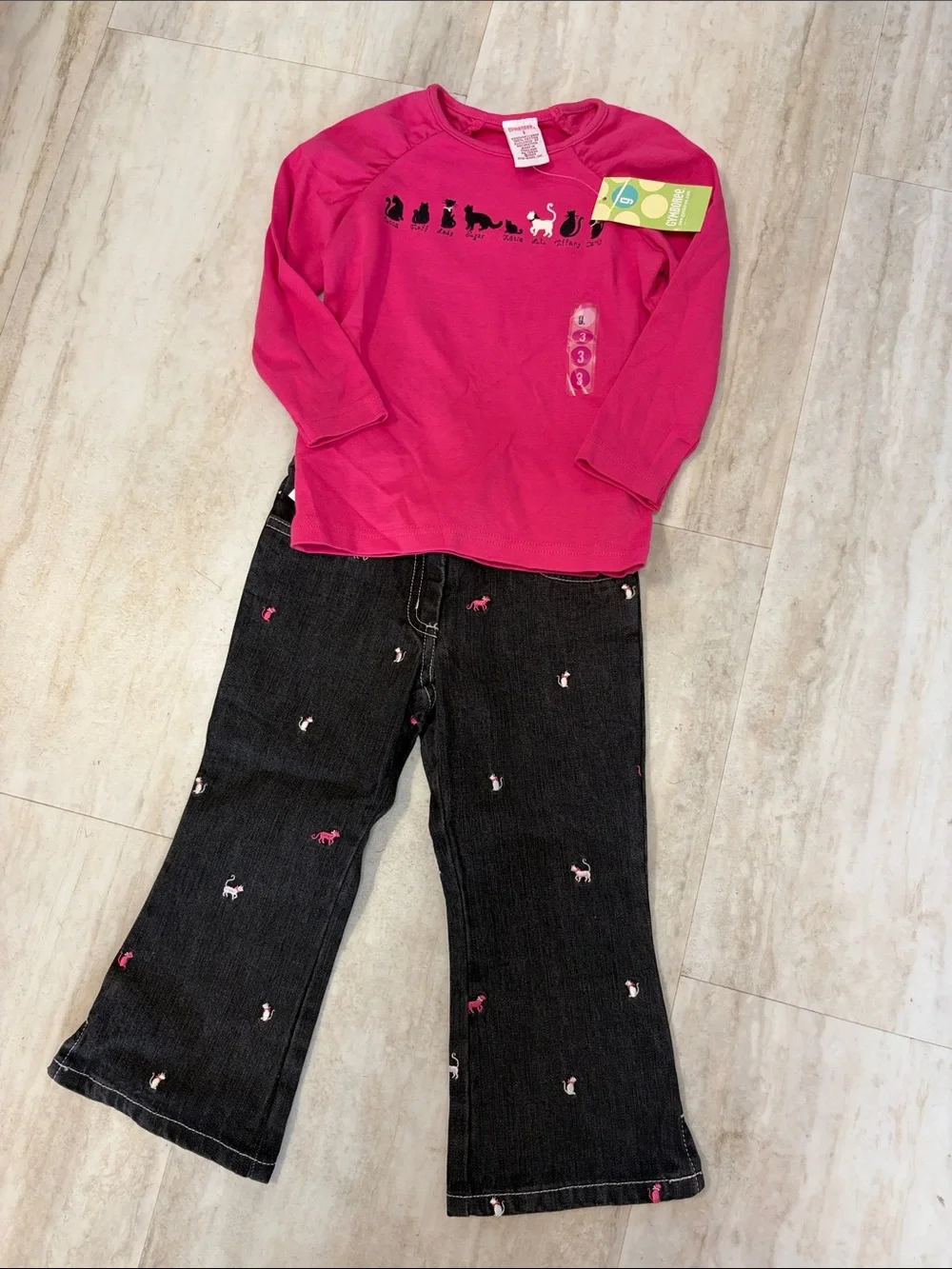 NWT Vintage Y2K Gymboree Girls Outfit Set Size 3 Pink Cat Tee & Embroidered Jean